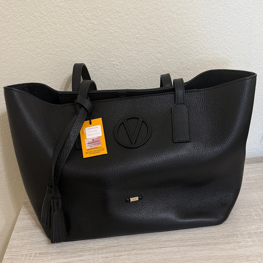 Valentino Black Leather Tote with Logo